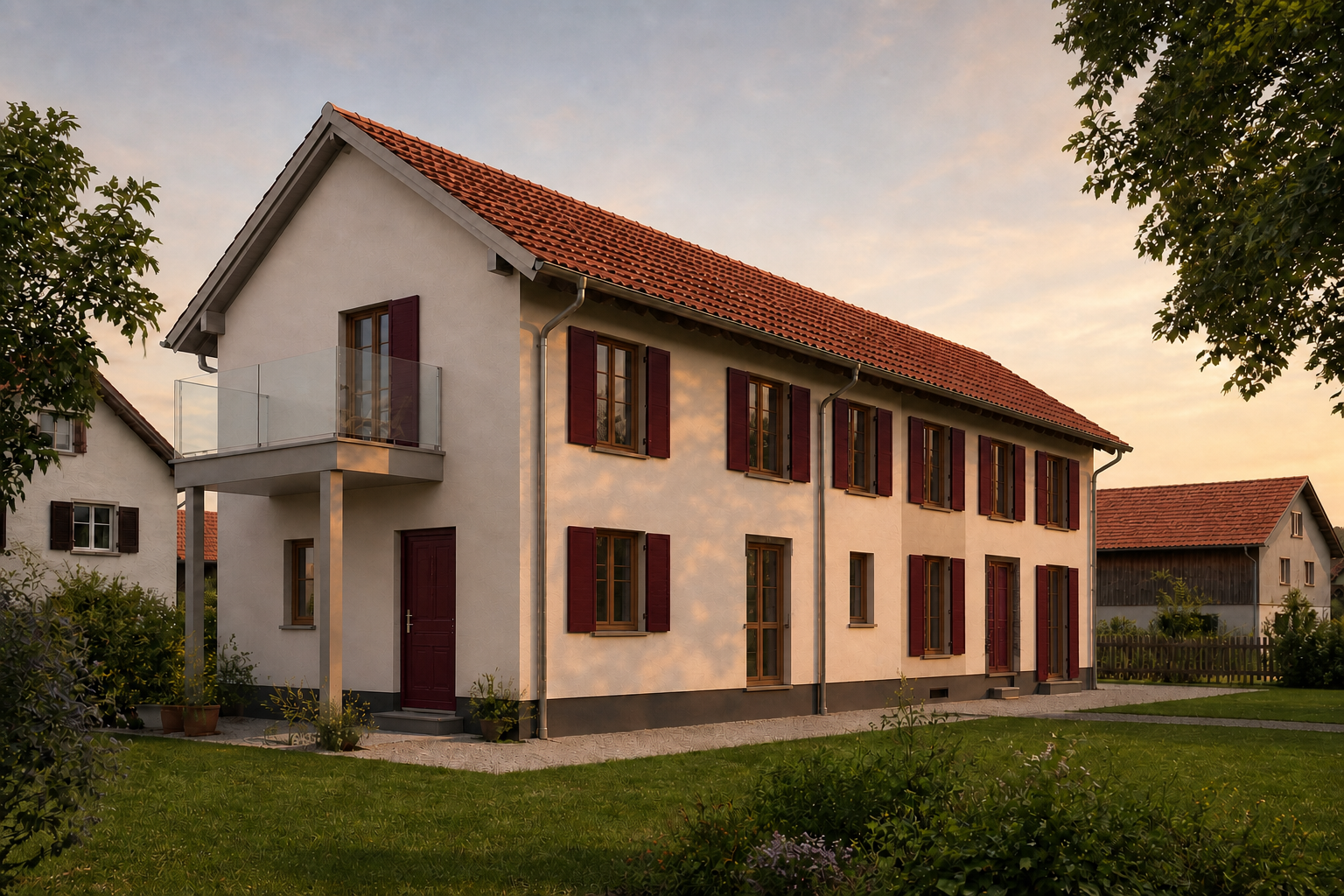 Visualisierung des umgebauten Wohnhauses in Abendsonne